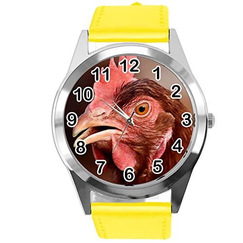 Yellow Leather Round Watch for Fans of Chicken