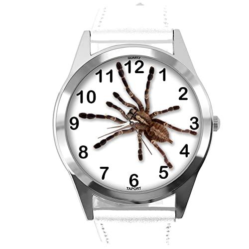 White Leather Round Watch for Fans of Spider