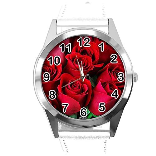 White Leather Round Watch for Flowers Fans e2