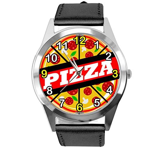 Black Leather Round Watch for Fans of Pizza