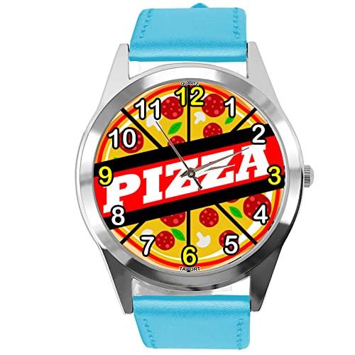 Blue Leather Round Watch for Fans of Pizza