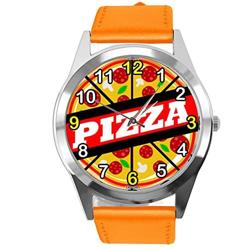 Orange Leather Round Watch for Fans of Pizza