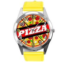 Yellow Leather Round Watch for Fans of Pizza
