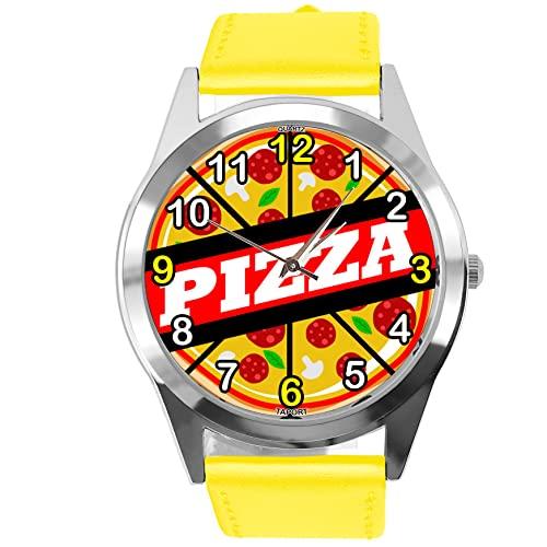 Yellow Leather Round Watch for Fans of Pizza