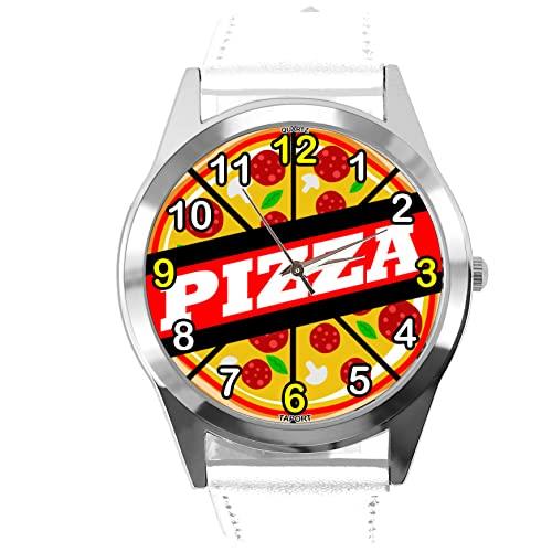 White Leather Round Watch for Fans of Pizza