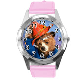 Pink Leather Quartz Round Watch for Teddy Bear Fans e3