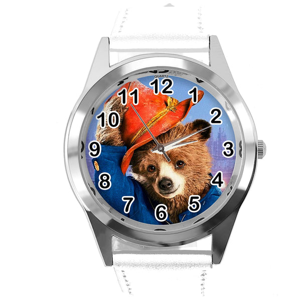 White Leather Quartz Round Watch for Teddy Bear Fans e3