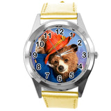 Gold Leather Quartz Round Watch for Teddy Bear Fans e3