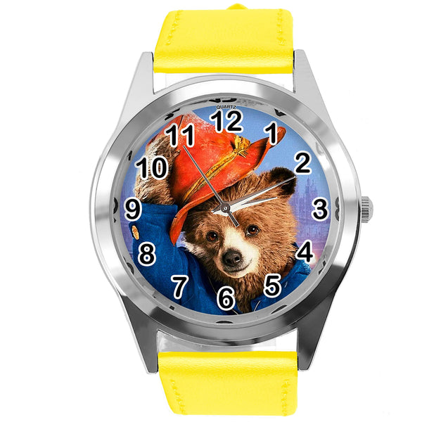 Yellow Leather Quartz Round Watch for Teddy Bear Fans e3