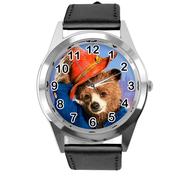 Black Leather Quartz Round Watch for Teddy Bear Fans e3