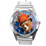 Silver Leather Quartz Round Watch for Teddy Bear Fans e3
