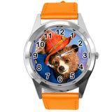 Orange Leather Quartz Round Watch for Teddy Bear Fans e3