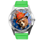 Green Leather Quartz Round Watch for Teddy Bear Fans e3