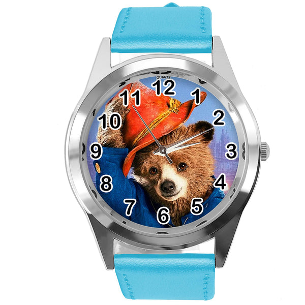 Blue Leather Quartz Round Watch for Teddy Bear Fans e3