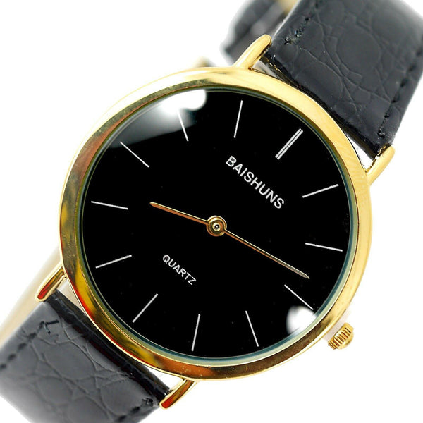 GENTS CLASSIC BUSINESS BLACK DIAL DESIGN BLACK BAND GOLD STAINLESS STEEL WATCH