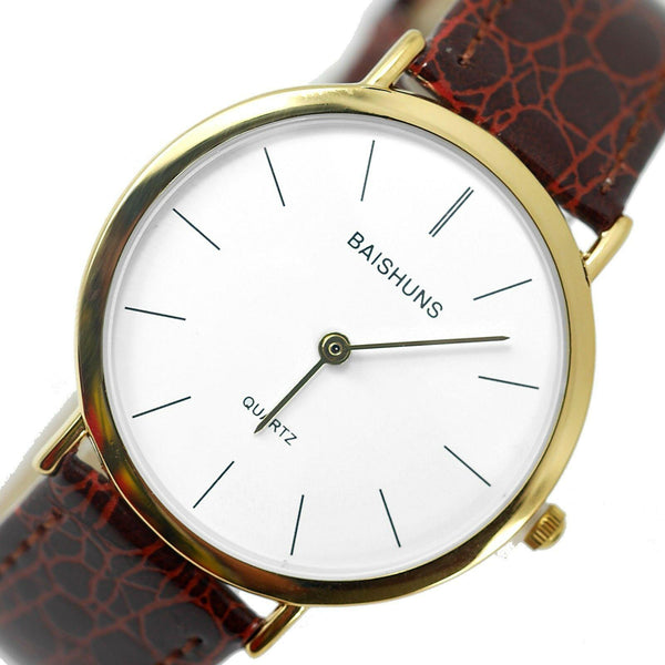 GENTS CLASSIC BUSINESS WHITE DIAL DESIGN BROWN BAND GOLD STAINLESS STEEL WATCH