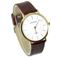 GENTS CLASSIC BUSINESS WHITE DIAL DESIGN BROWN BAND GOLD STAINLESS STEEL WATCH