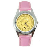 QUEEN ELIZABETH GOLD COIN ROYAL LEGEND Steel PINK LEATHER BAND ROUND GIFT WATCH