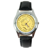 QUEEN ELIZABETH GOLD COIN ROYAL LEGEND Steel BLACK LEATHER BAND ROUND GIFT WATCH