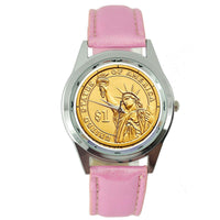 USA GOLD STATE OF LIBERTY DOLLAR COIN LEGEND Steel PINK LEATHER ROUND GIFT WATCH