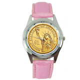 USA GOLD STATE OF LIBERTY DOLLAR COIN LEGEND Steel PINK LEATHER ROUND GIFT WATCH