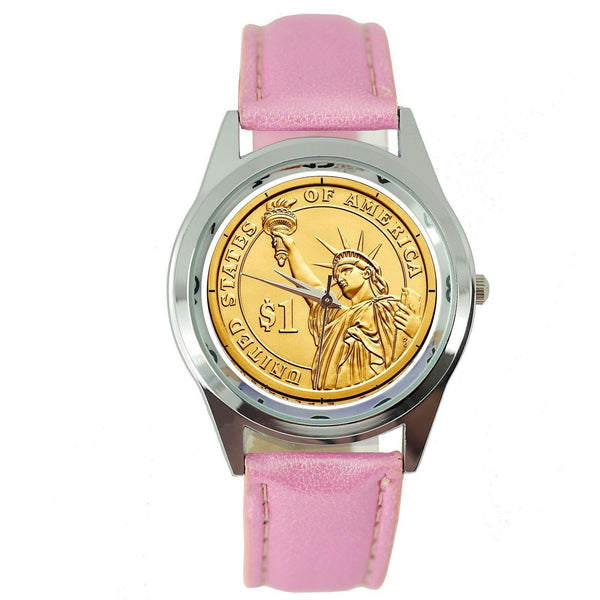 USA GOLD STATE OF LIBERTY DOLLAR COIN LEGEND Steel PINK LEATHER ROUND GIFT WATCH