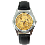 USA GOLD STATE OF LIBERTY DOLLAR COIN LEGEND NY BLACK LEATHER ROUND GIFT WATCH