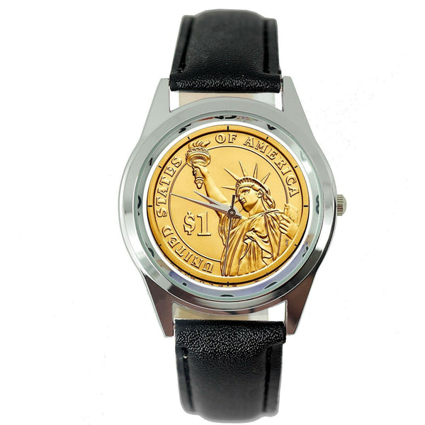 USA GOLD STATE OF LIBERTY DOLLAR COIN LEGEND NY BLACK LEATHER ROUND GIFT WATCH