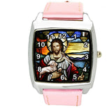JESUS CHRIST CHURCH HOLY BIBLE  Steel PINK LEATHER FILM MOVIE DVD SQUARE WATCH