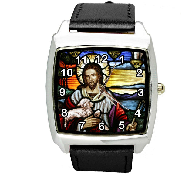 JESUS CHRIST CHURCH HOLY BIBLE  Steel BLACK LEATHER FILM MOVIE DVD SQUARE WATCH