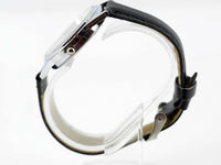 FLAMINGO FLAMING Steel BLACK LEATHER QUARTZ ANALOG WATCH UHR RELOJ