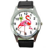 FLAMINGO FLAMING Steel BLACK LEATHER QUARTZ ANALOG WATCH UHR RELOJ